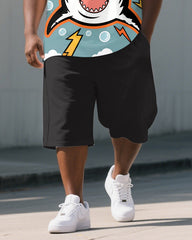 Big and Tall Men's Casual Cute Shark Cartoon Printed Outdoor Short-Sleeve Polo Shirt & Shorts Set