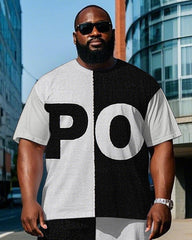 Big Men's Simple Fashion Black & White Splicing Letter POLO Printed Short Sleeve T-shirt Pants Set