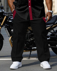 Men's Plus Size Black Characteristic Placket Cuff Pants Pocket Stitching Red Riding Short Sleeve Shirt Trousers Suit