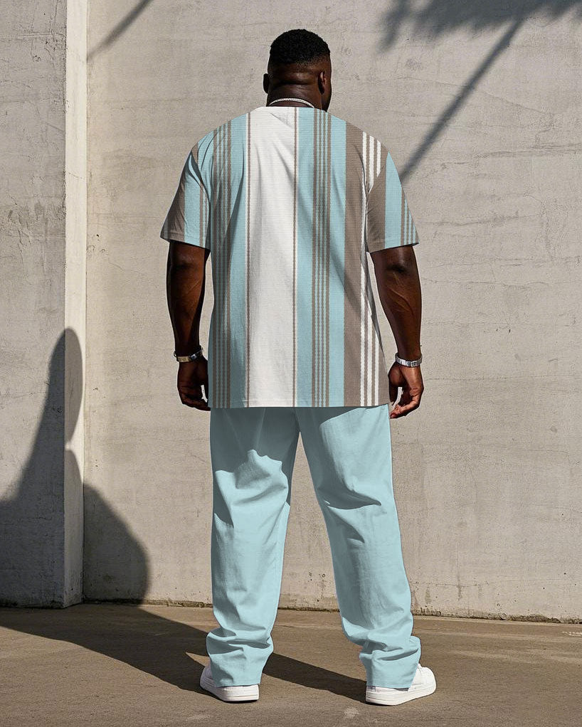 Men's Plus Size Summer Breathable Blue Stripe Small Label Printed Short-sleeved T-shirt Trousers Suit