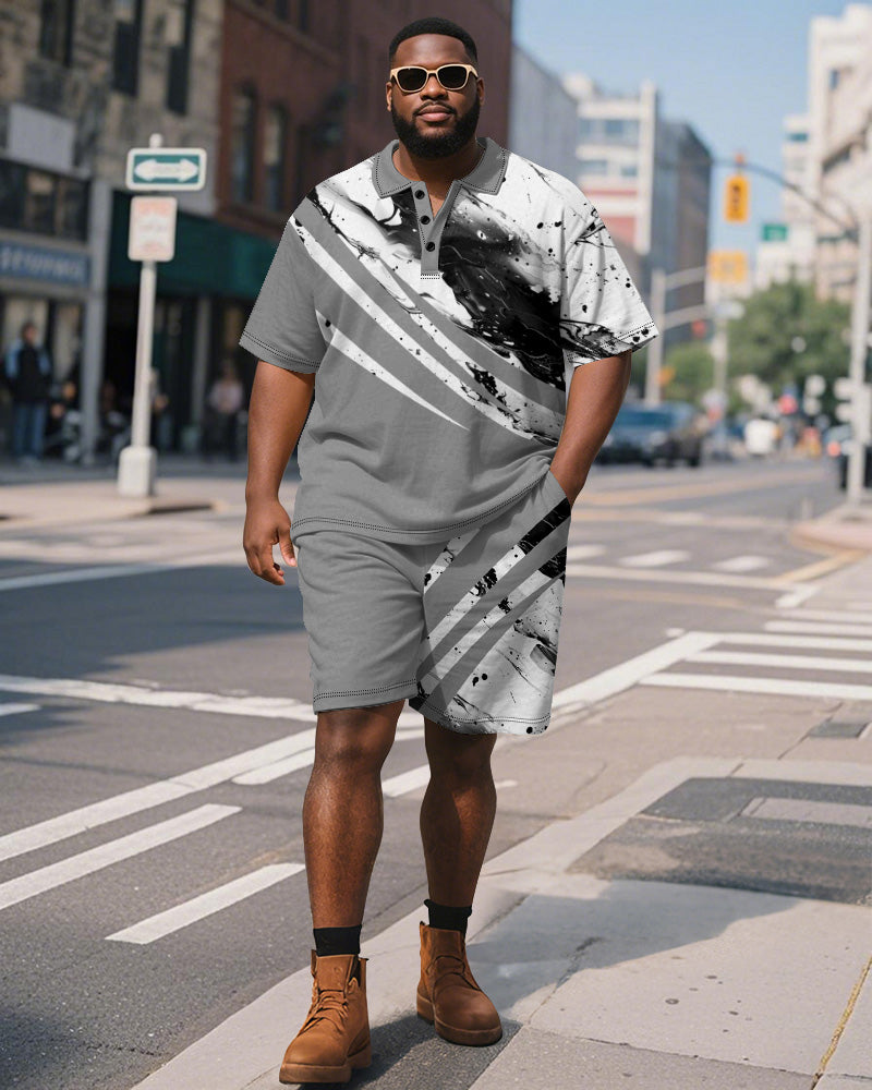 Big & Tall Men's Business Grey Geometric Ink Print Short Sleeve Polo Shirt Shorts Suit