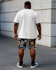 Men's Plus Size Street Fashion Chest Stereoscopic Projection "B" Printed Short-sleeved T-shirt Shorts Suit