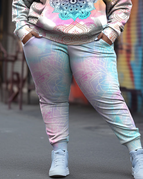 Women's Plus Size Gradient Flowers Mandala Hoodie Set