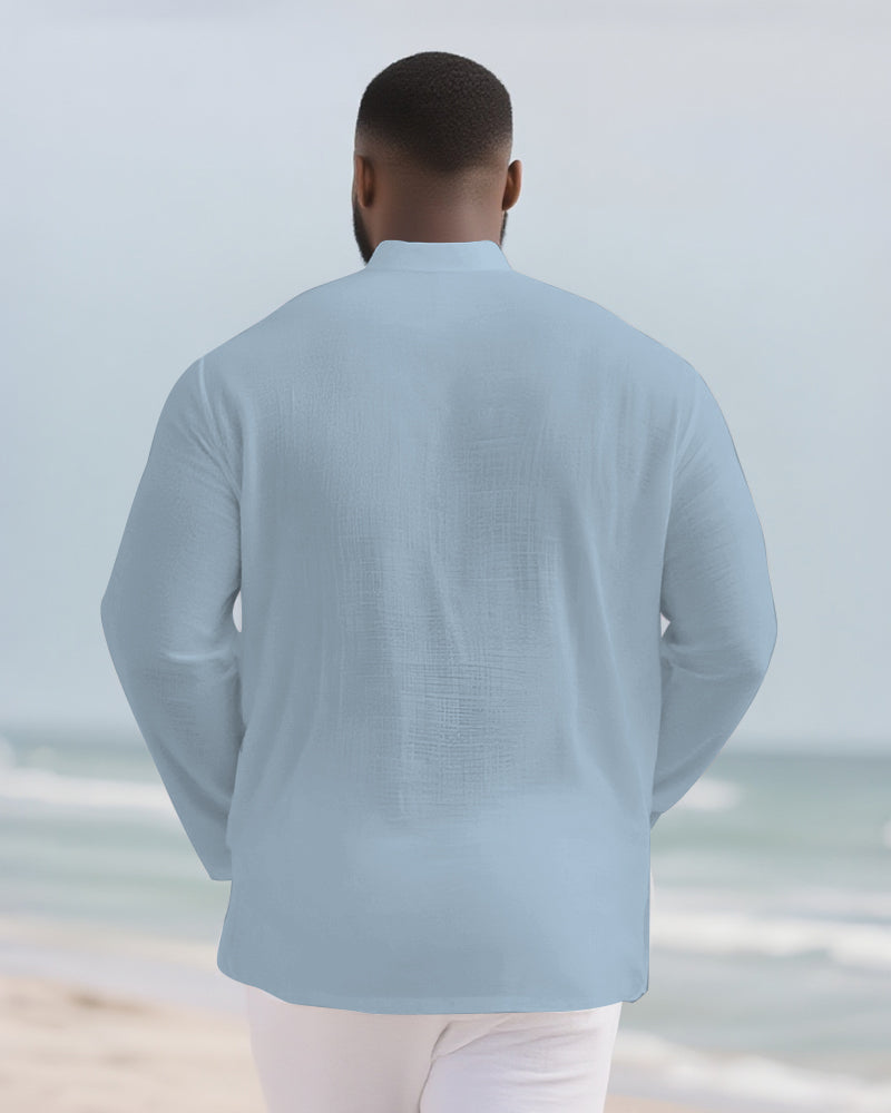 Big & Tall Men's Everyday Solid Color Bamboo Hemp Texture Henry Collar Long Sleeve Shirt