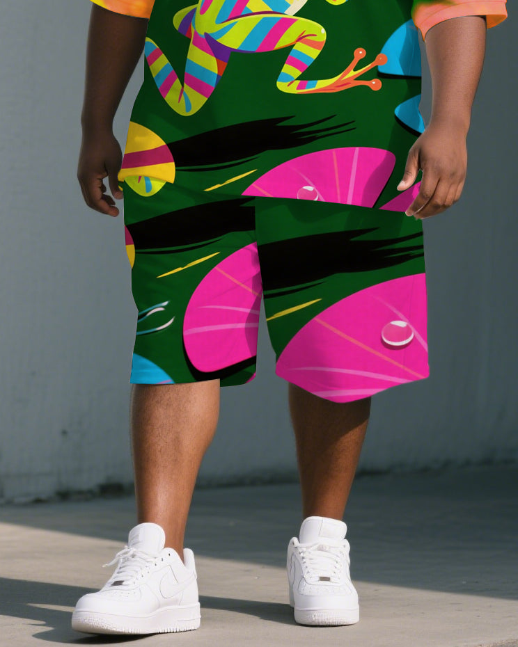 Big Guy's Casual Artistic Frog Cartoon Printed Street Short-Sleeve Polo Shirt & Shorts Set
