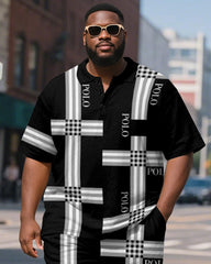 Men's Plus Size Daily Black Stripe Patchwork Letter Print Short Sleeve Polo Shirt Shorts Suit
