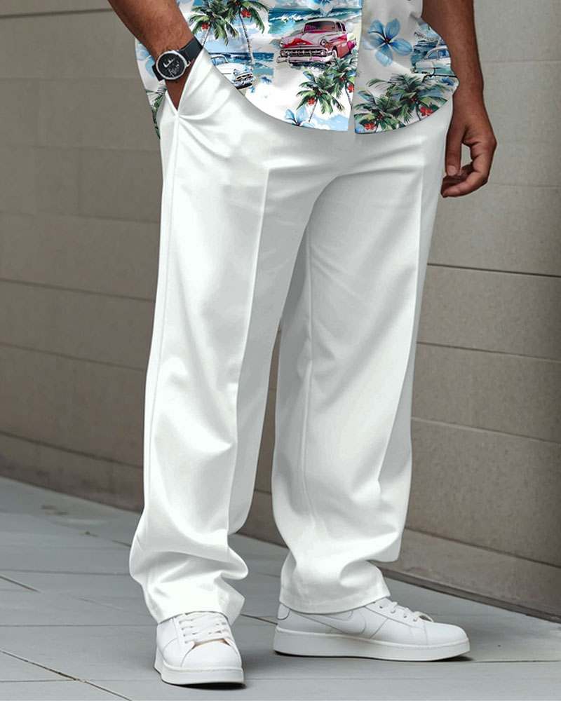 White Hawaiian Car Coconut Pattern Shirt Trousers Set Men's Big & Tall