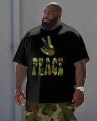 Men's Big & Tall Casual Peace Gesture Camouflage Alphabet Print T-Shirt Trousers Set