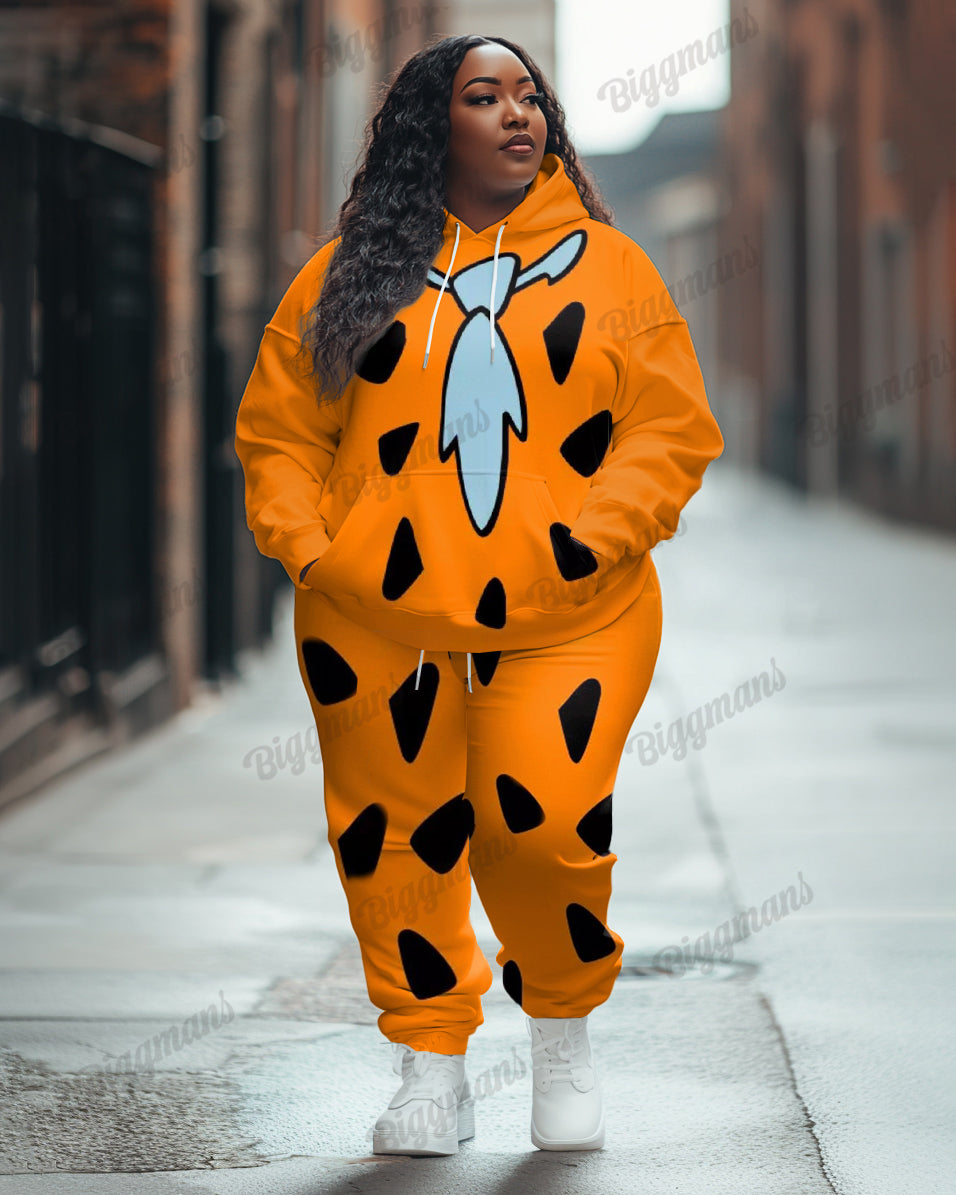 Women's Plus Size Fred Flintstone Tie Print Hoodie Pants Two-Piece Set