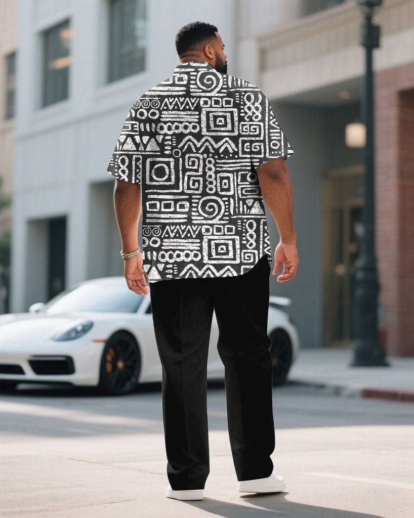 Men's Plus Size Retro Ethnic Pattern Black Short Sleeve Shirt Pants Suit