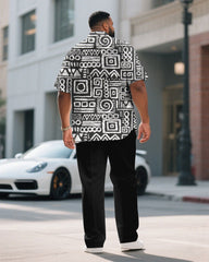 Men's Plus Size Retro Ethnic Pattern Black Short Sleeve Shirt Pants Suit