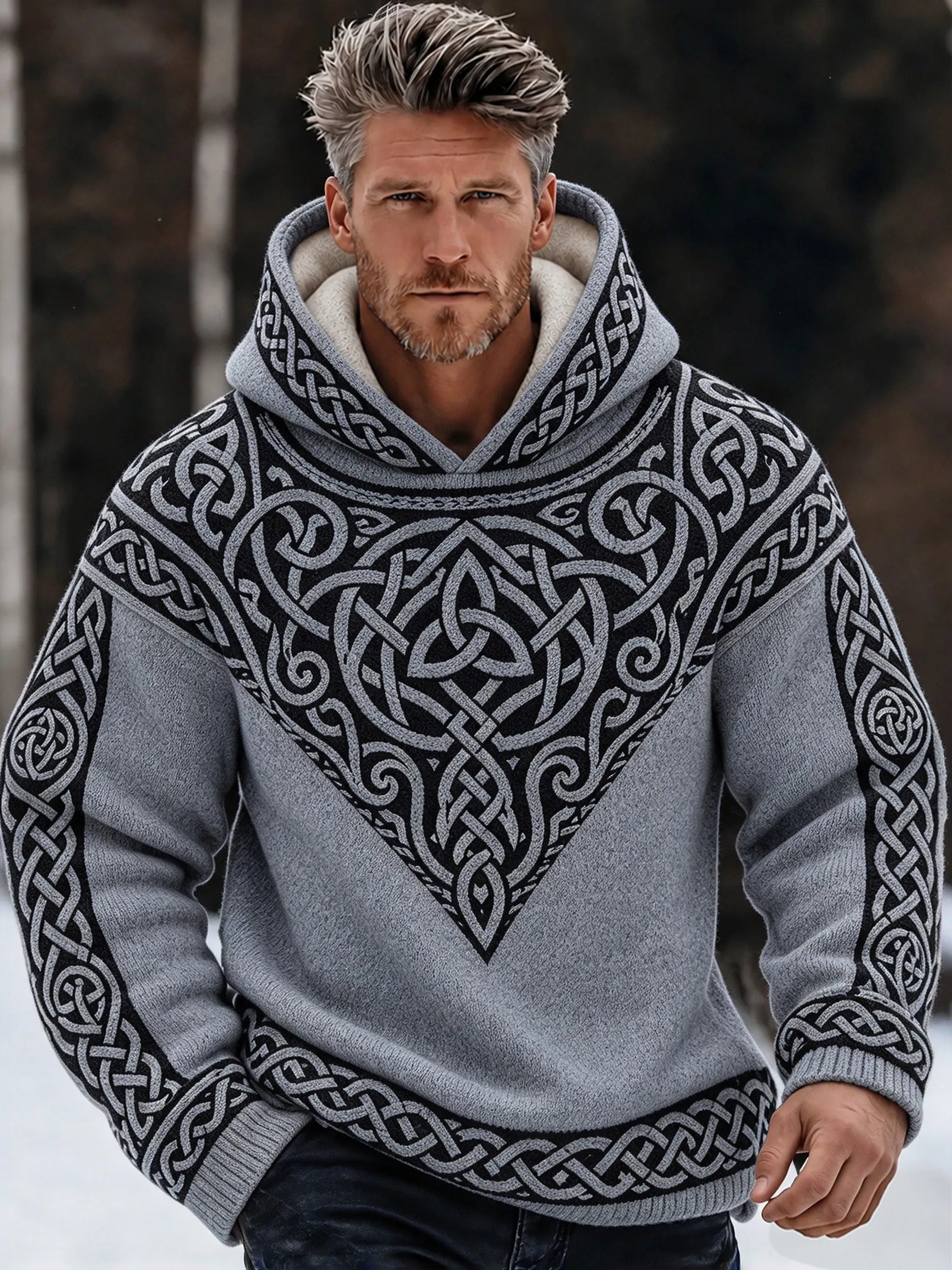 Men's Retro Viking Tribal Celtic Printed  Knit Hooded Sweater