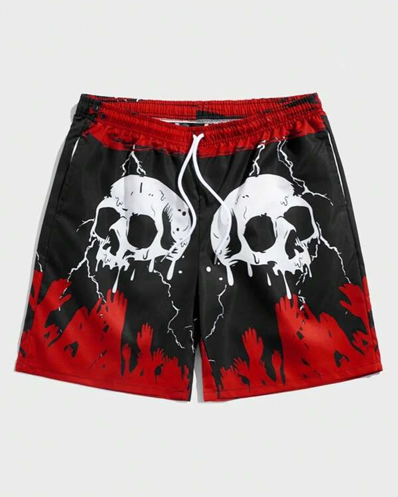 Men's Plus Size Skull Graphic Drawstring Waist Casual Shorts