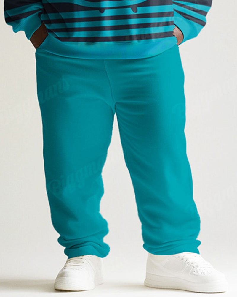 Men's Simple Green Stripe Cartoon Print Plus Size Round Neck Sweatshirt Suit