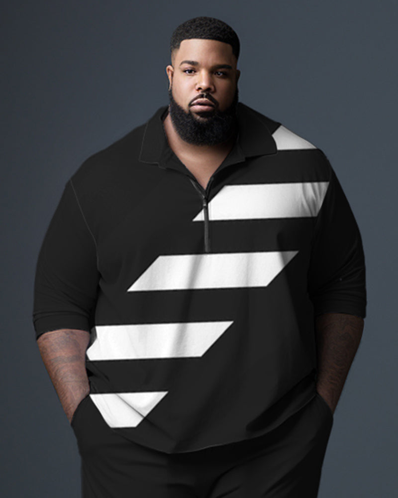 Men's Big & Tall Color Block Stripe Zip Up Polo Shirt and Pants Set