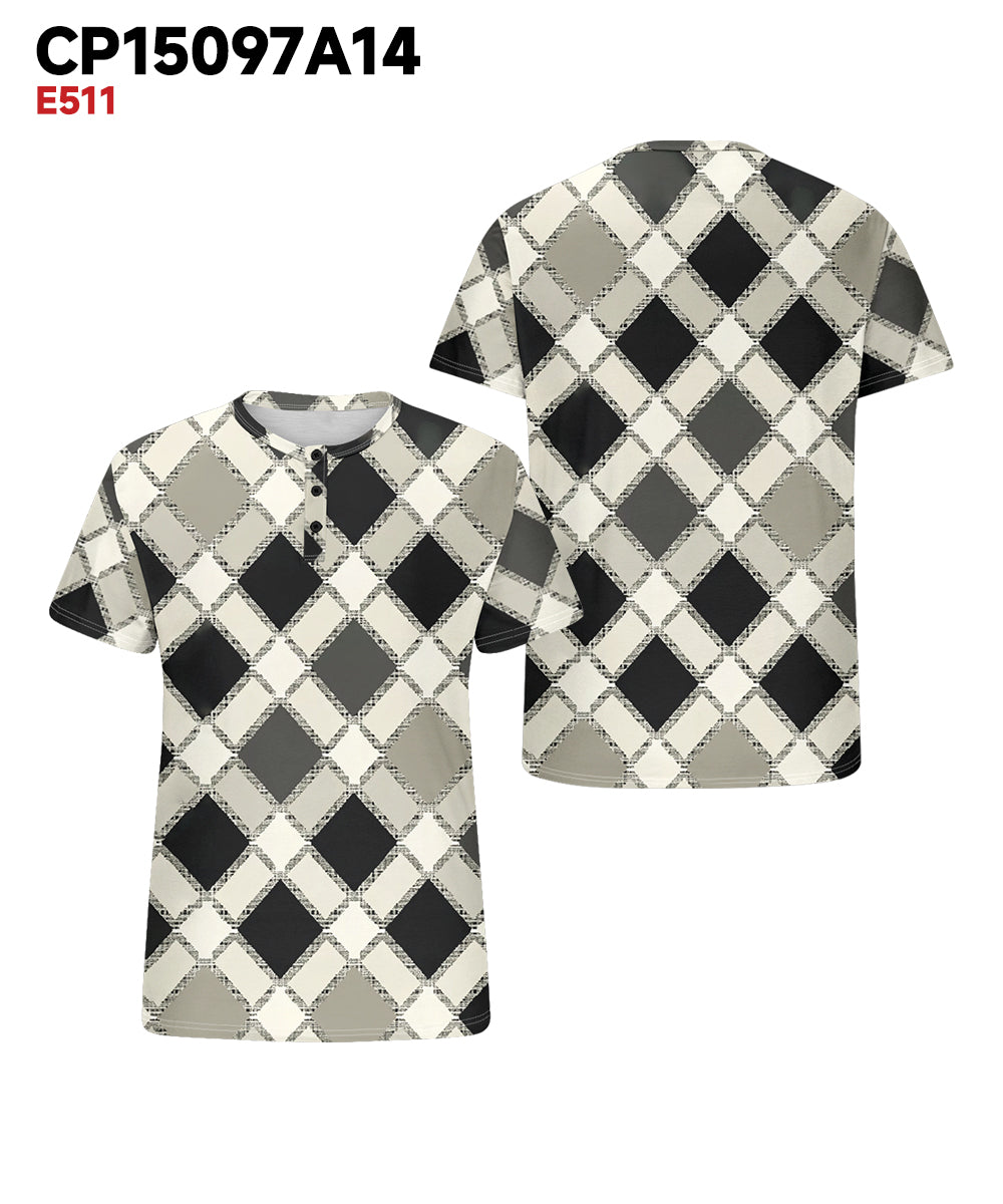 Men's Plus Size Geometric Diamond Print Henley Collar Button Short Sleeve T-shirt
