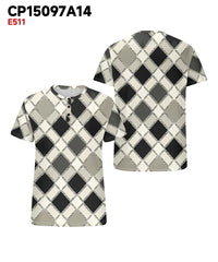 Men's Plus Size Geometric Diamond Print Henley Collar Button Short Sleeve T-shirt