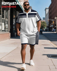 Men's Plus Size Business Blue Stripe Print Short Sleeve Polo Shirt Shorts Suit
