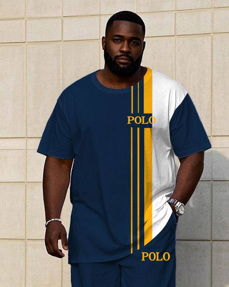 Men's Plus Size Sapphire & Yellow Colorblock Small Label Printed Short-Sleeved T-Shirt Trousers Suit