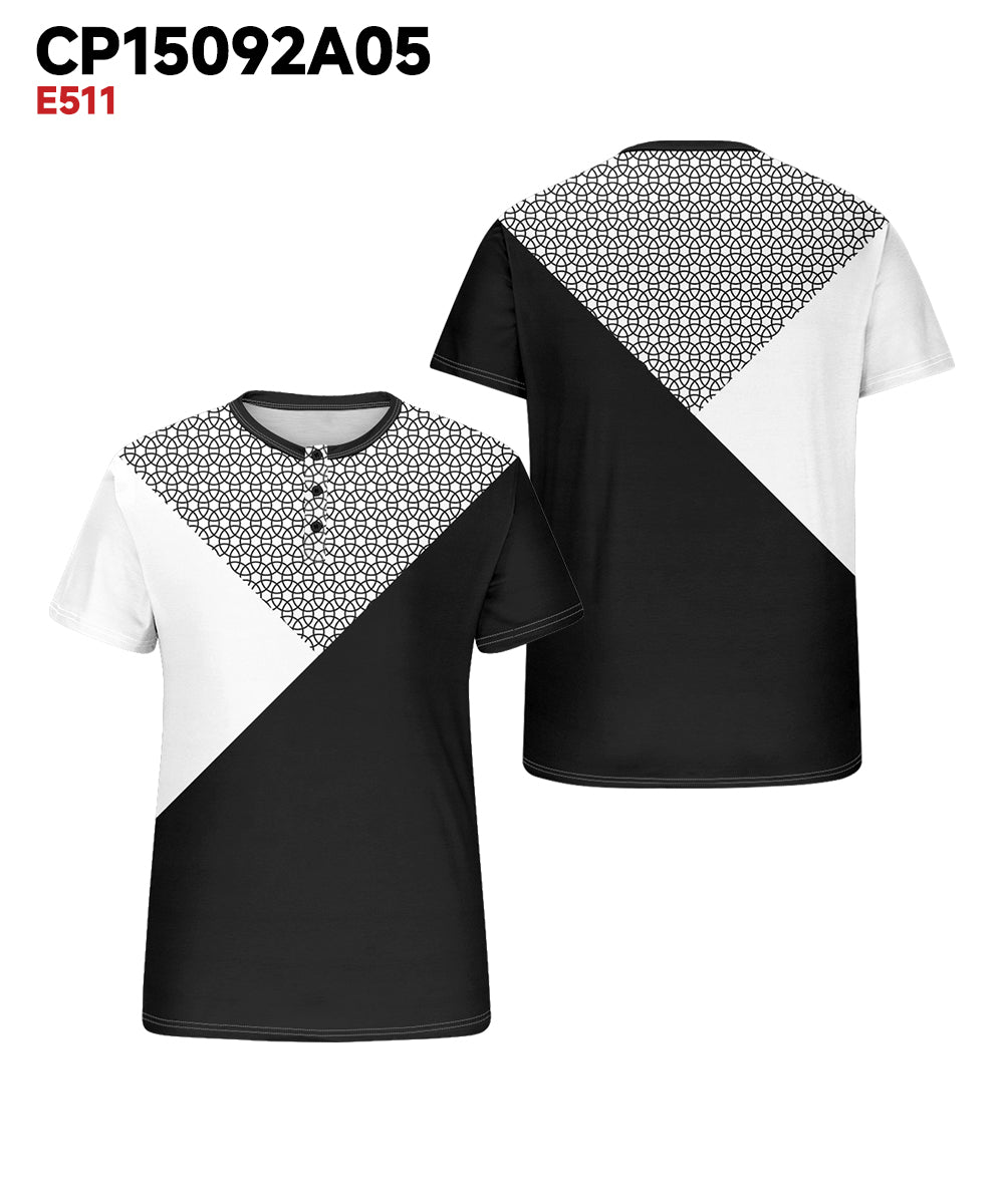 Men's Plus Size Black And White Color Block Geometric Print Henry Collar Button Short Sleeve T-shirt