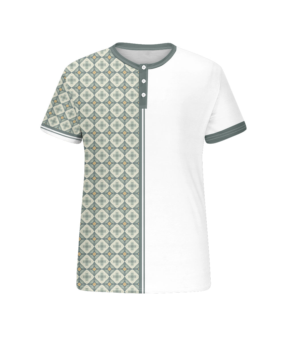 Men's Plus Size Daily Casual Green Stitching Diamond Print Henry Collar Button Short Sleeve T-Shirt
