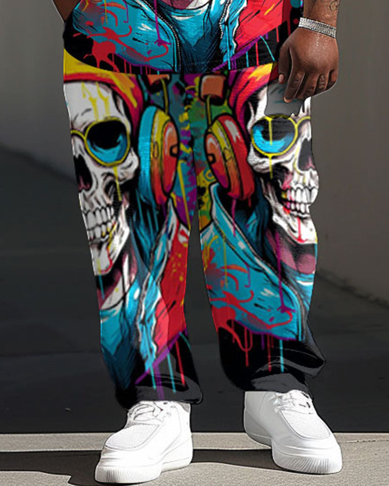 Men's Plus Size Street Fashion Graffiti Skull Print T-Shirt Trousers Suit