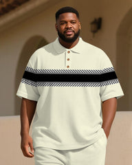 Big & Tall Men's Business Apricot Geometric Stripe Print Short Sleeve Polo Shirt Shorts Suit