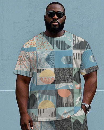 Men's Big Size Funny Splicing Plaid Print Hawaiian Short Sleeve T-Shirt and Shorts Set