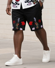 Big & Tall Men's Daily Leisure. High-grade Floral Embroidery Shirt Shorts Suit