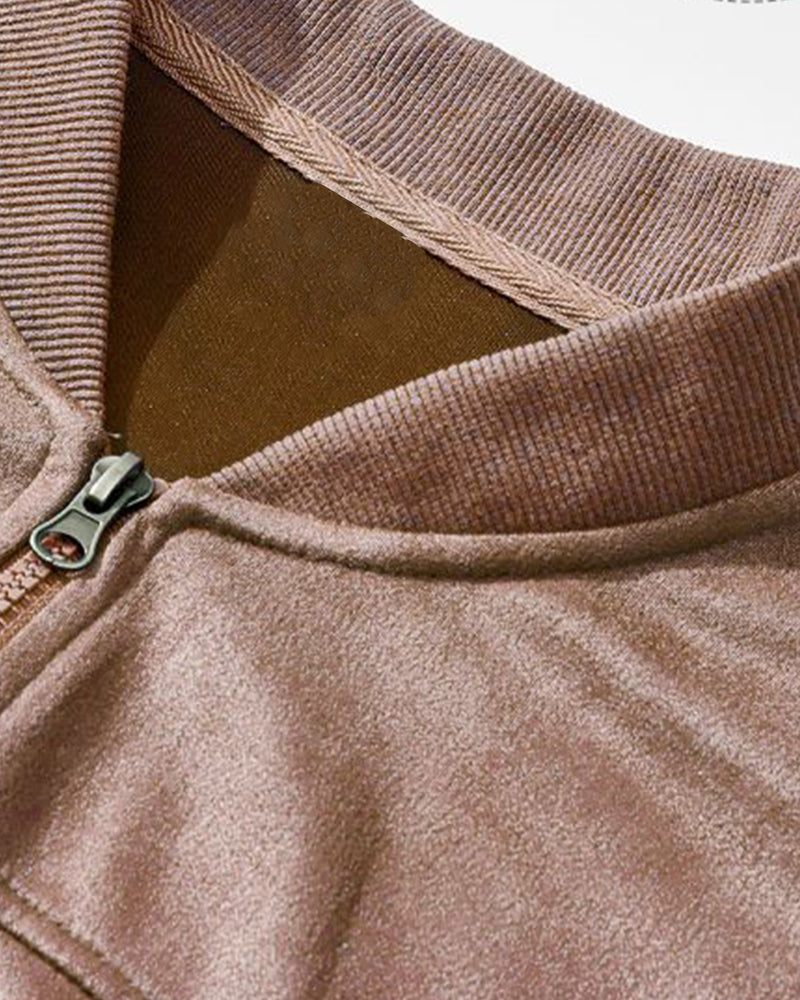 S-3XL Men's Suede Jacket Zip Long Sleeve Cardigan Jacket