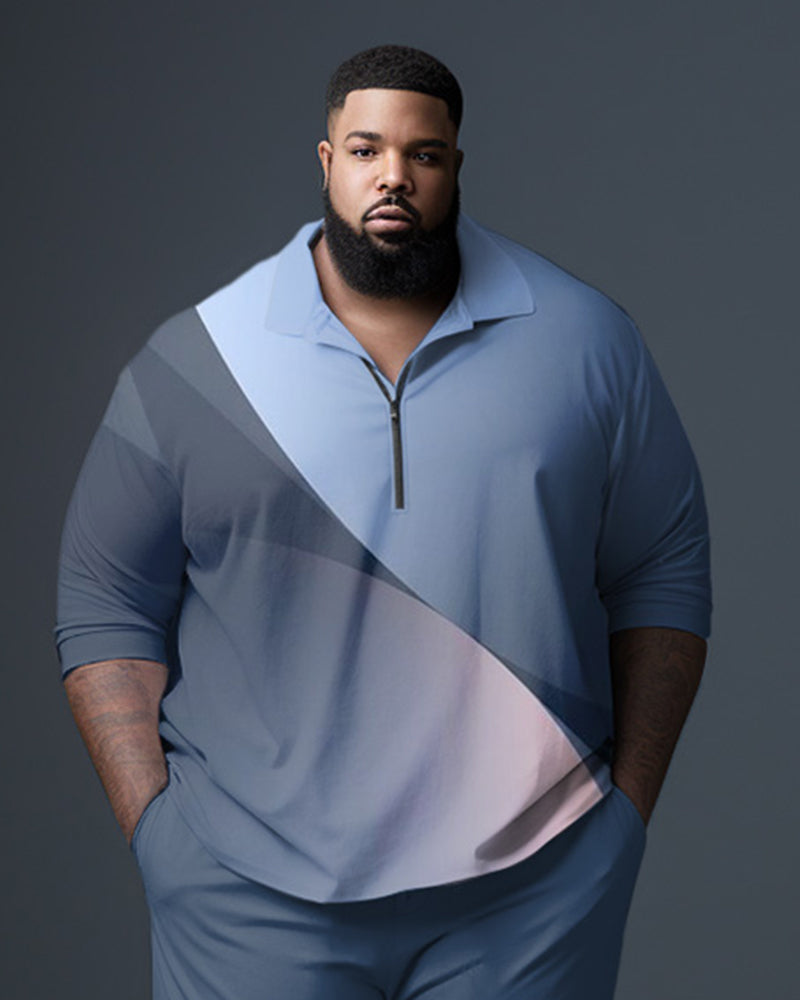 Big Men's Blue Gradient Gentleman Business Polo Zipper Shirt and Pants Two-piece Set