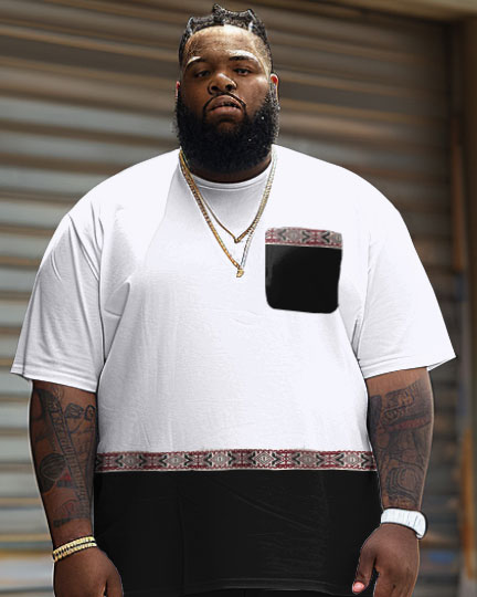 Men's Plus Size Simple Casual Stitching Ethnic Printing Pocket T-shirt Shorts Suit