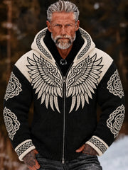 Men's Vintage Wings Art Cozy Warm Knitted Jacquard Zipper Hooded Sweater