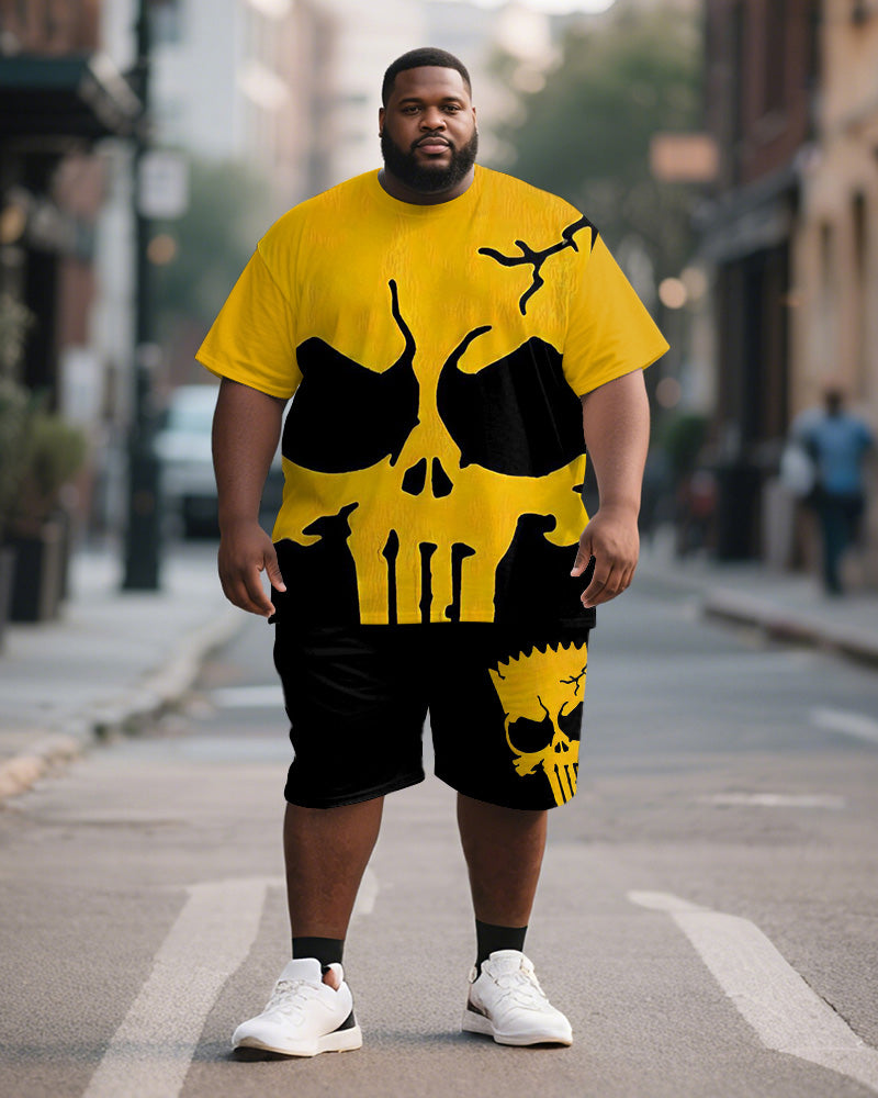 Men's Plus Size Black And Yellow Skull Print Short-sleeved T-shirt Shorts Suit