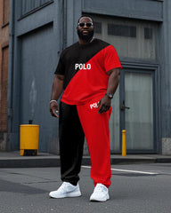 Big Men's Casual Red and Black Color Block POLO Printed Short Sleeve T-shirt Drawstring Pants Set