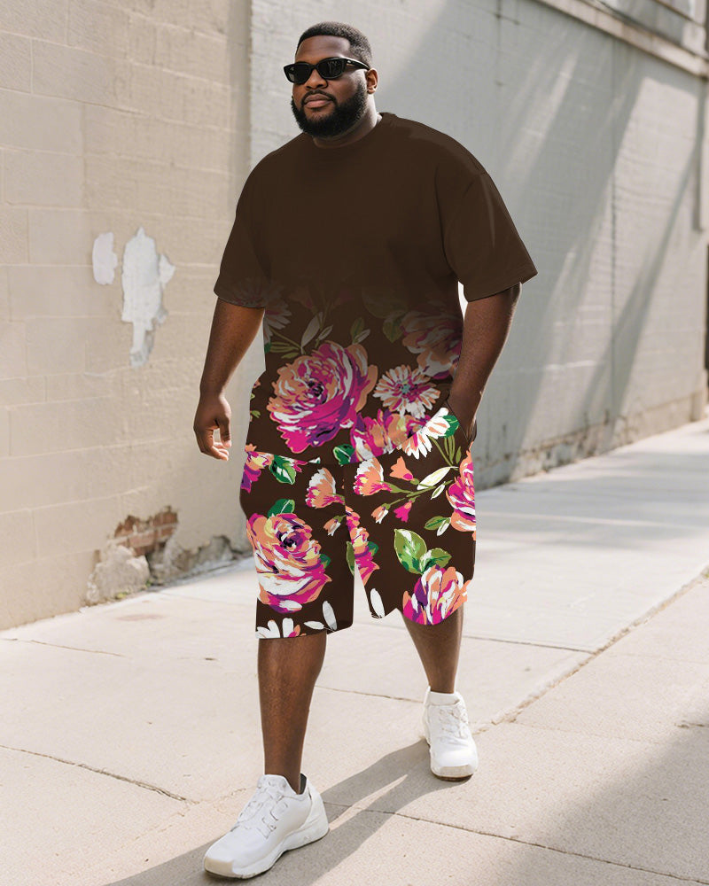 Men's Plus Size Street Brown Gradient Graffiti Rose Print Round Neck Short Sleeve T-Shirt Shorts Suit