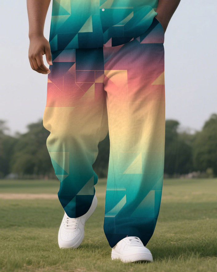 Big Men Casual Colorful Triangle Layered Gradient Short Sleeve Shirt Trousers Suit