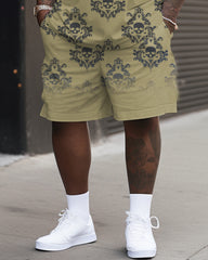 High-grade Color Sense Retro Skull Flower Pattern Printed T-shirt Shorts Suit Men's Plus Size