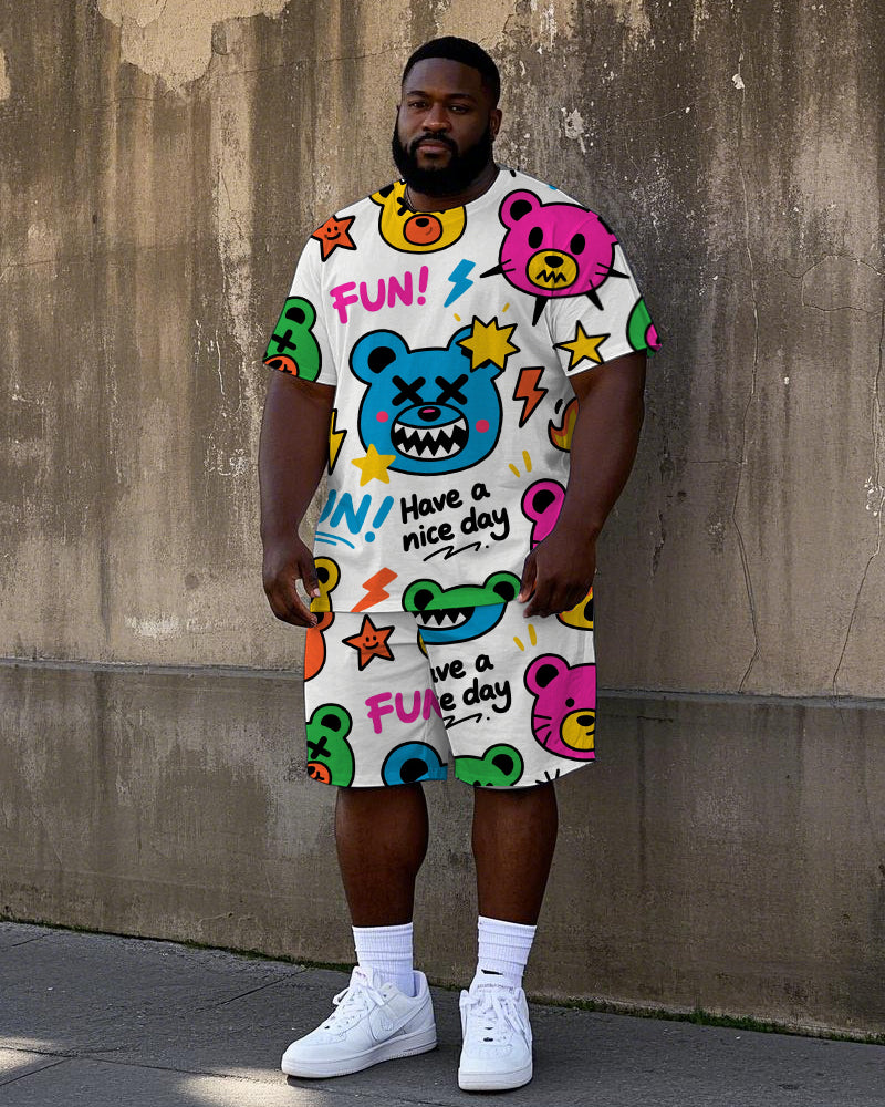 Big Men's Humor Bear Street Fashion Graffiti Style  Short Sleeve T-Shirt Shorts Set