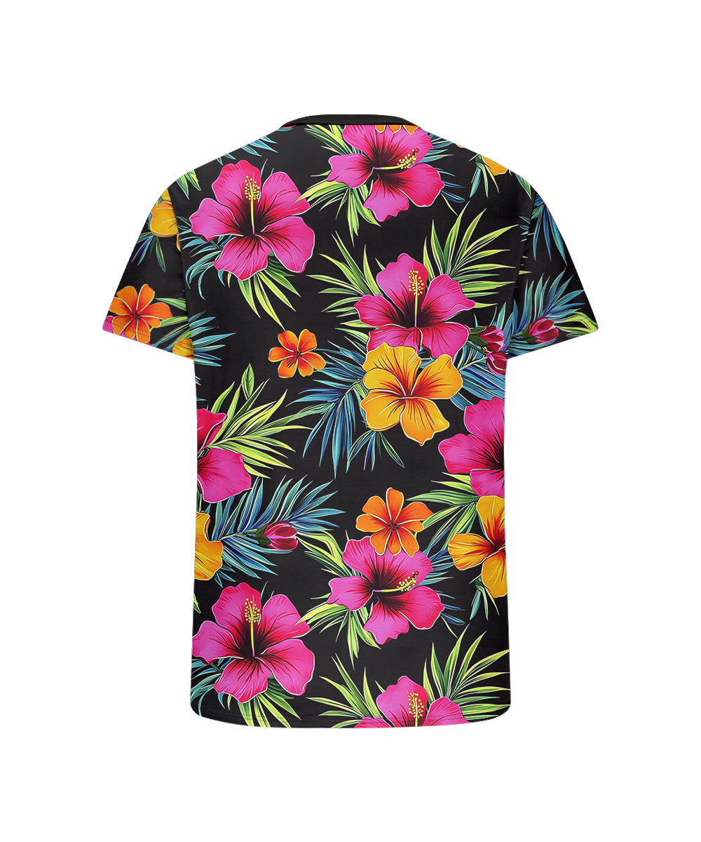 Men's Plus Size Hawaiian Pink Floral Print Henry Collar Button Short Sleeve Tee