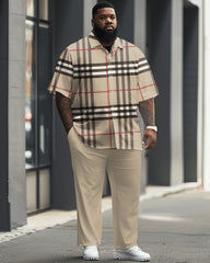 Big Men's Causal Plaid Short Sleeve Shirt and Trousers Set