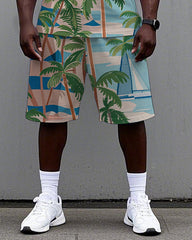 Men's Big Size Natural Coconut Trees Sailboat Printed Hawaiian Vest and Shorts Set
