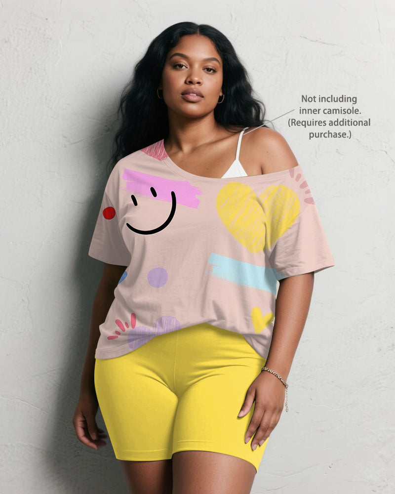 Women's Plus Size Pink Smiley Graffiti Print Short Sleeve Shorts Suit