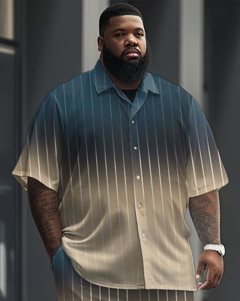 Big Guy's Business Gradient Striped Print Short Sleeve Shirt Set