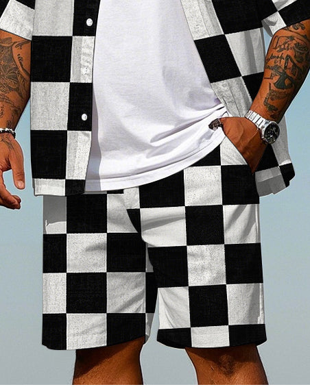 Big Men's Classic Black & White Plaid Printed Daily Casual Short Sleeve Shirt and Shorts Set