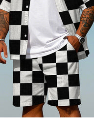 Big Men's Classic Black & White Plaid Printed Daily Casual Short Sleeve Shirt and Shorts Set