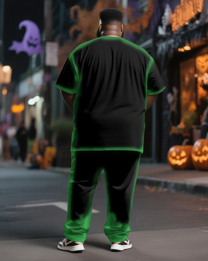 Big & Tall Men's Halloween Pumpkin Fluorescent Green Contrast Printed T-Shirt Pants Suit