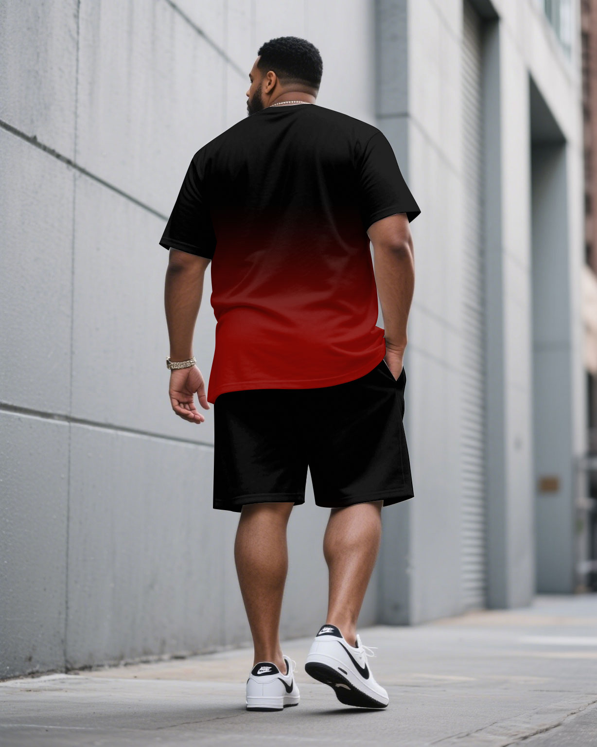Men's Plus Size Casual Black & Red Chest Gradient Fashion Round Neck Short Sleeve T-Shirt Shorts Suit