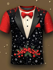 Men's big and tall Christmas Color Matching Bow Suit Cosplay Printed T-Shirt Trousers Set