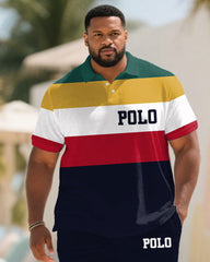 Big & Tall Men's Summer Multicolor Colorblock Chest Slogan Print Polo Short Sleeve Shirt Shorts Suit